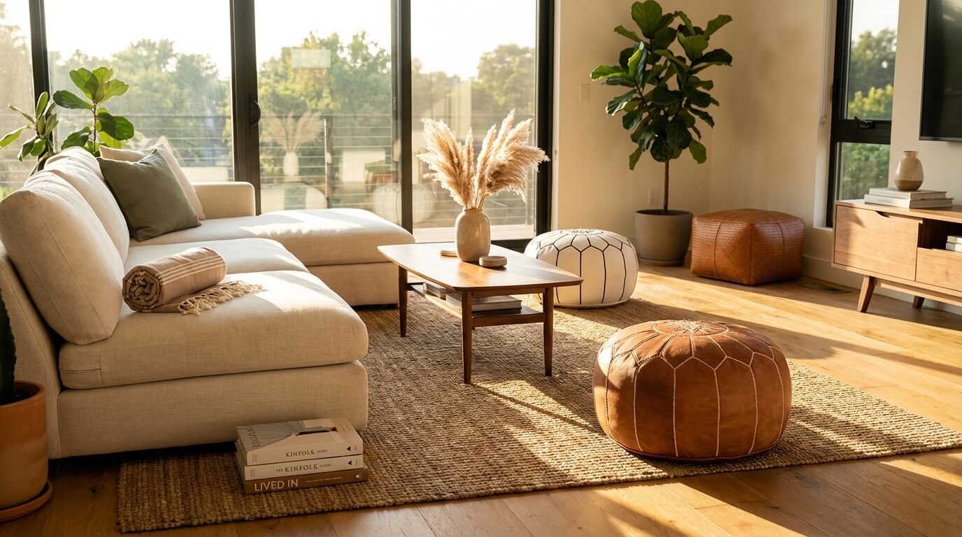 The Ultimate Guide on How to Fill Your Moroccan Leather Pouf Tan and white leather Moroccan poufs with braided square ottoman in modern living room with natural light and plants