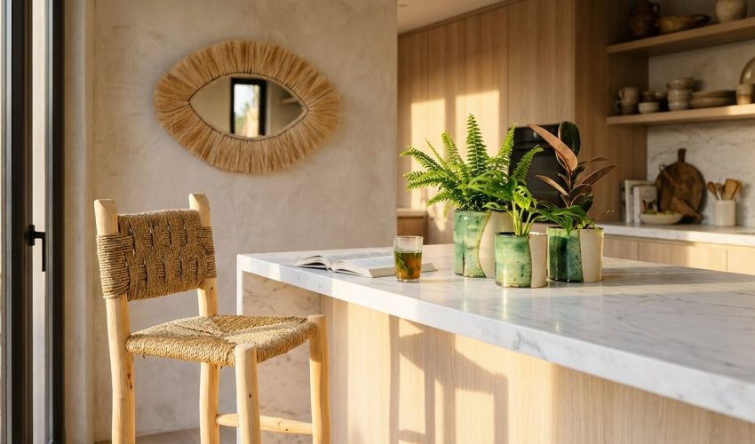 A Handwoven Palm Leaf Bar Chair sits at a sunlit kitchen island with green Tamegroute plant pots and a straw eye mirror on the wall.
