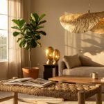 A sunlit modern living room featuring a Handwoven Palm Leaf Bench, Lotus Leaf Pendant, and Brass Oval Lamp during golden hour.