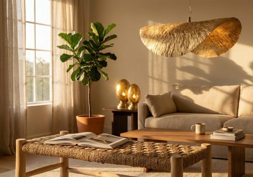 A sunlit modern living room featuring a Handwoven Palm Leaf Bench, Lotus Leaf Pendant, and Brass Oval Lamp during golden hour.