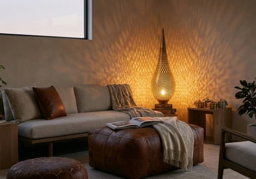 Hand-pierced brass floor lamp casting warm geometric shadows in a modern living room with a rich brown leather ottoman.