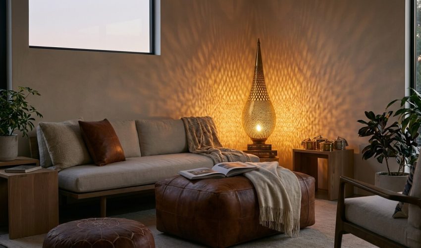 Hand-pierced brass floor lamp casting warm geometric shadows in a modern living room with a rich brown leather ottoman.