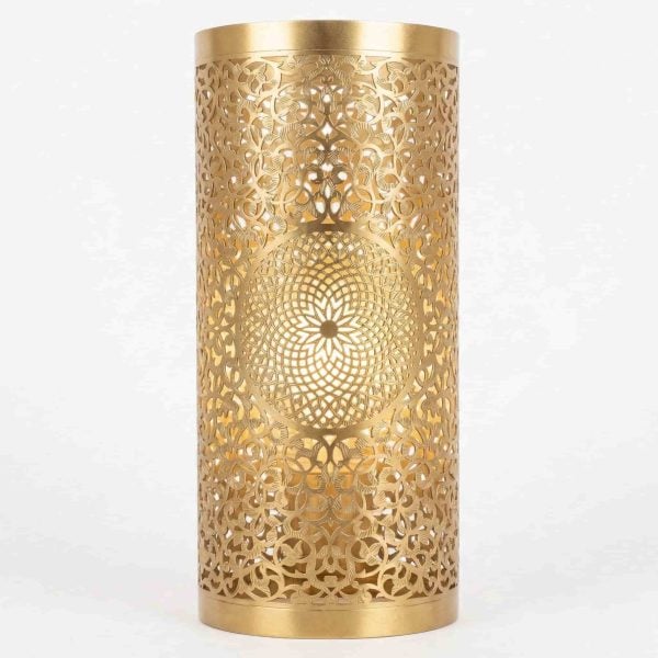 Moroccan brass wall sconce with hand-pierced filigree arabesque pattern, gold finish, 28cm