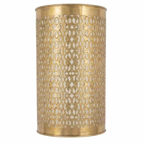 Moroccan filigree wall light in antique brass with all-over scrollwork arabesque pattern, 30cm