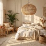 Woven rattan pendant lamp hanging over a boho bedroom with linen bedding and tropical plants
