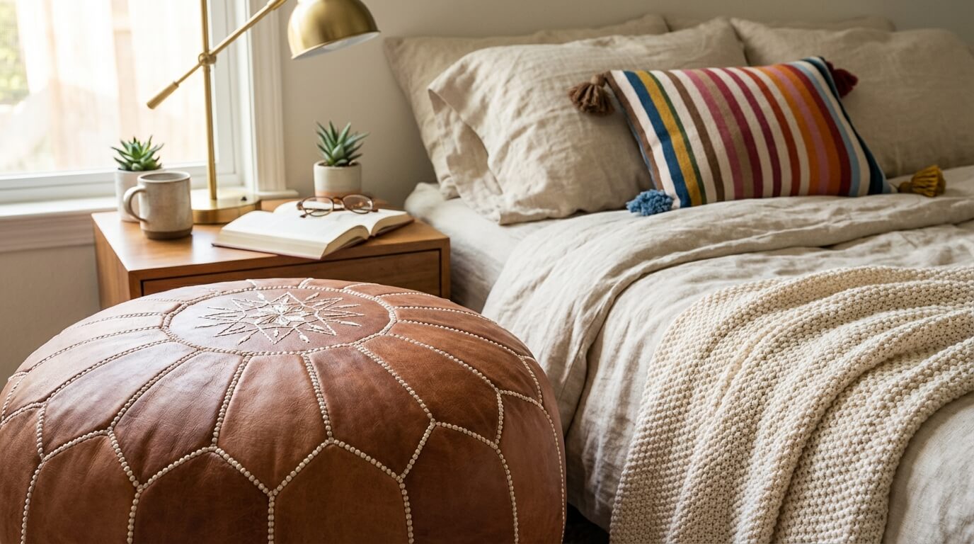 The Ultimate Guide on How to Fill Your Moroccan Leather Pouf Close-up of tan leather pouf with star embroidery and rainbow striped cotton cushion covers in bright bedroom setting