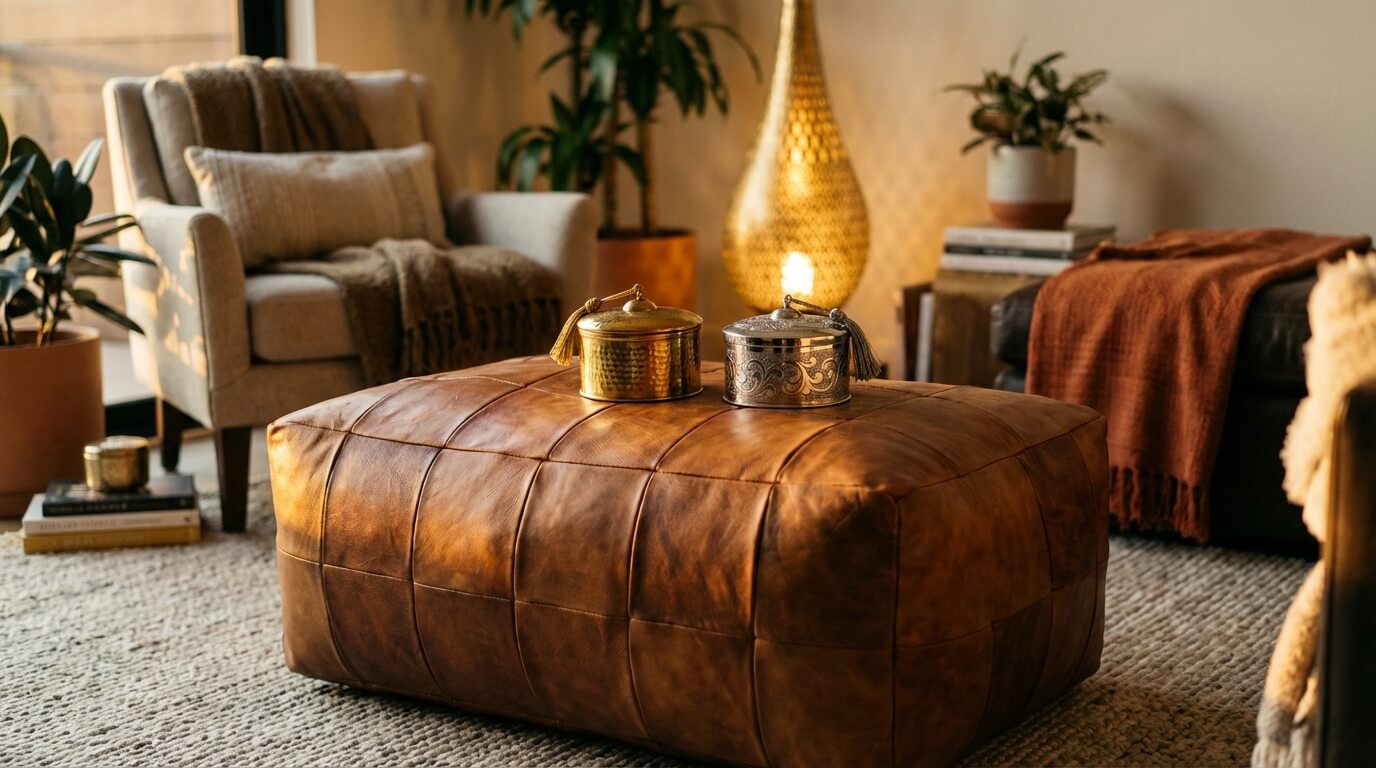 Riad Evening Glow: How to Style Warm Brass, Rich Leather, and Ambient Light at Home A close-up on a rich brown leather ottoman, showcasing hand-hammered brass and silver boxes under a warm, ambient glow.