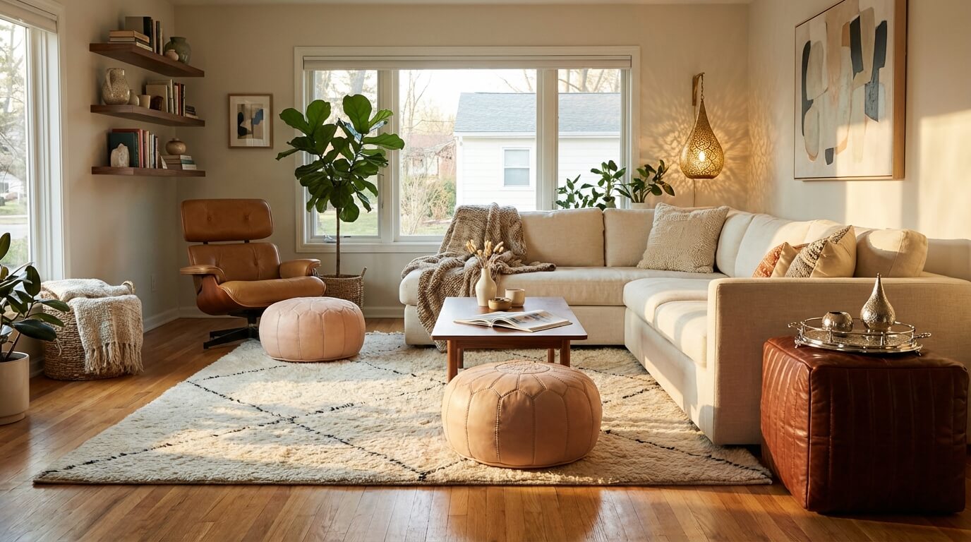 Beyond the Footstool: 5 Versatile Ways to Style a Moroccan Pouf Modern living room with natural leather ottomans, cube pouf, Beni Ourain rug, and brass lamp in golden hour light