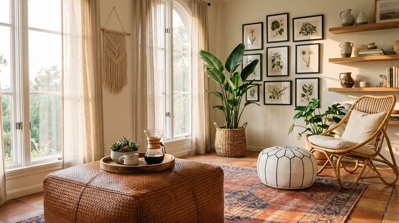 The Ultimate Guide on How to Fill Your Moroccan Leather Pouf Braided square leather ottoman and white round pouf in sunlit bohemian living space with plants and natural textiles