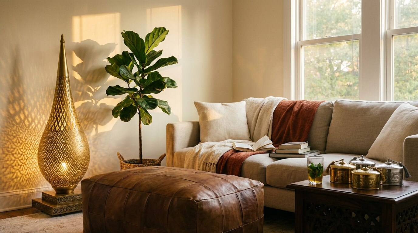 Riad Evening Glow: How to Style Warm Brass, Rich Leather, and Ambient Light at Home A complete modern living room styled with a Moroccan brass lamp, brown leather ottoman, and metal decor in warm evening light.