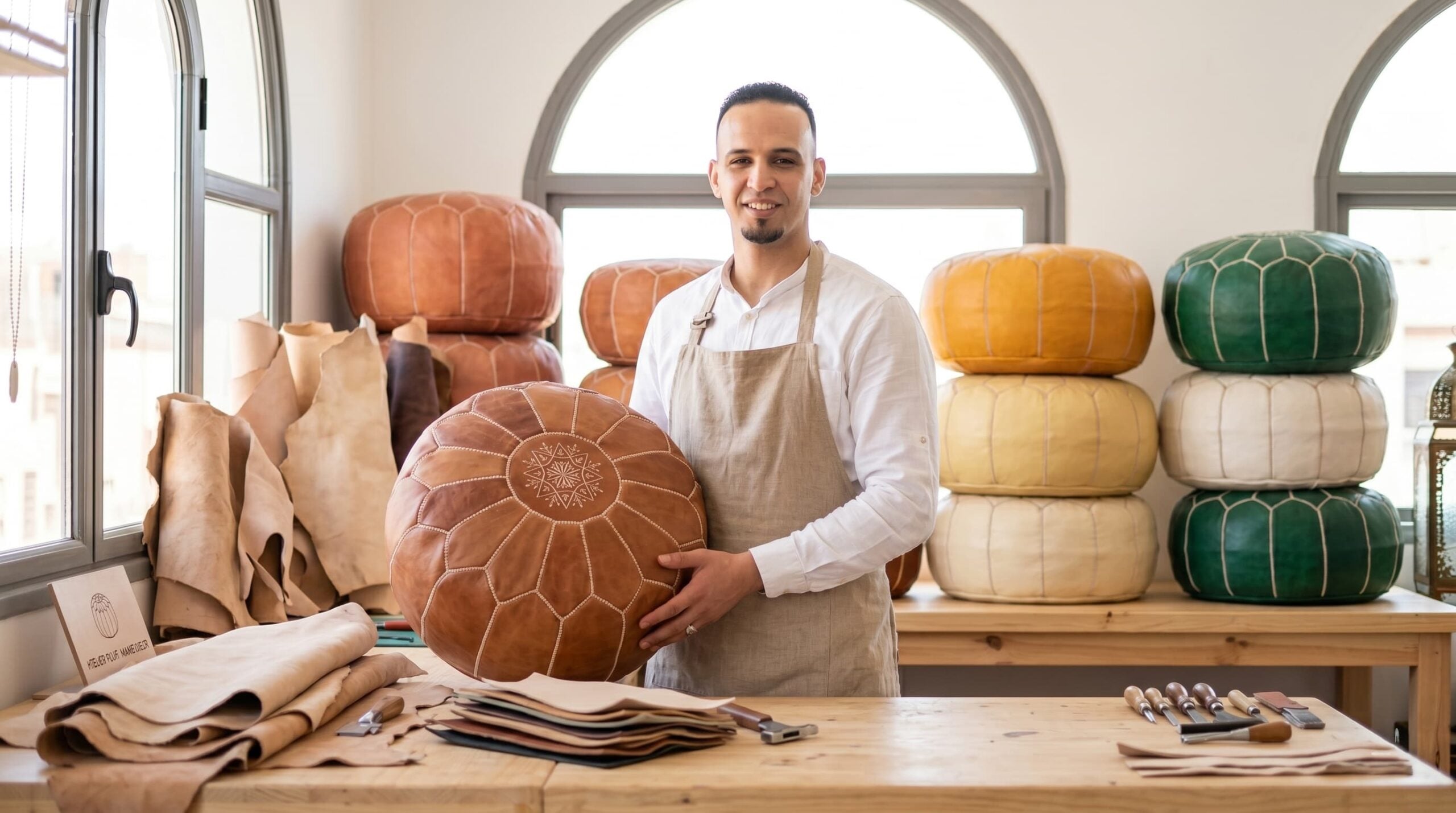 Marrakech leather artisan Abdelilah holding a finished handmade leather pouf in his bright workshop at Souk Tala'a