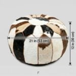 Cowhide round pouf dimensions 21 inches diameter by 12 inches height with natural tri-color patchwork leather panels