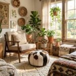 Cowhide patchwork pouf in bohemian living room with mid-century armchair woven baskets and indoor plants