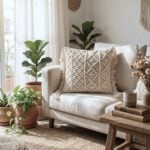 Boho macrame cushion cover styled on cream sofa in living room with fiddle leaf fig plant and jute rug