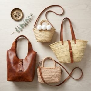 A flat lay collection of summer bags and clutches, featuring a brown leather tote, woven straw bags with leather straps, and a crochet crossbody on a light wood surface.
