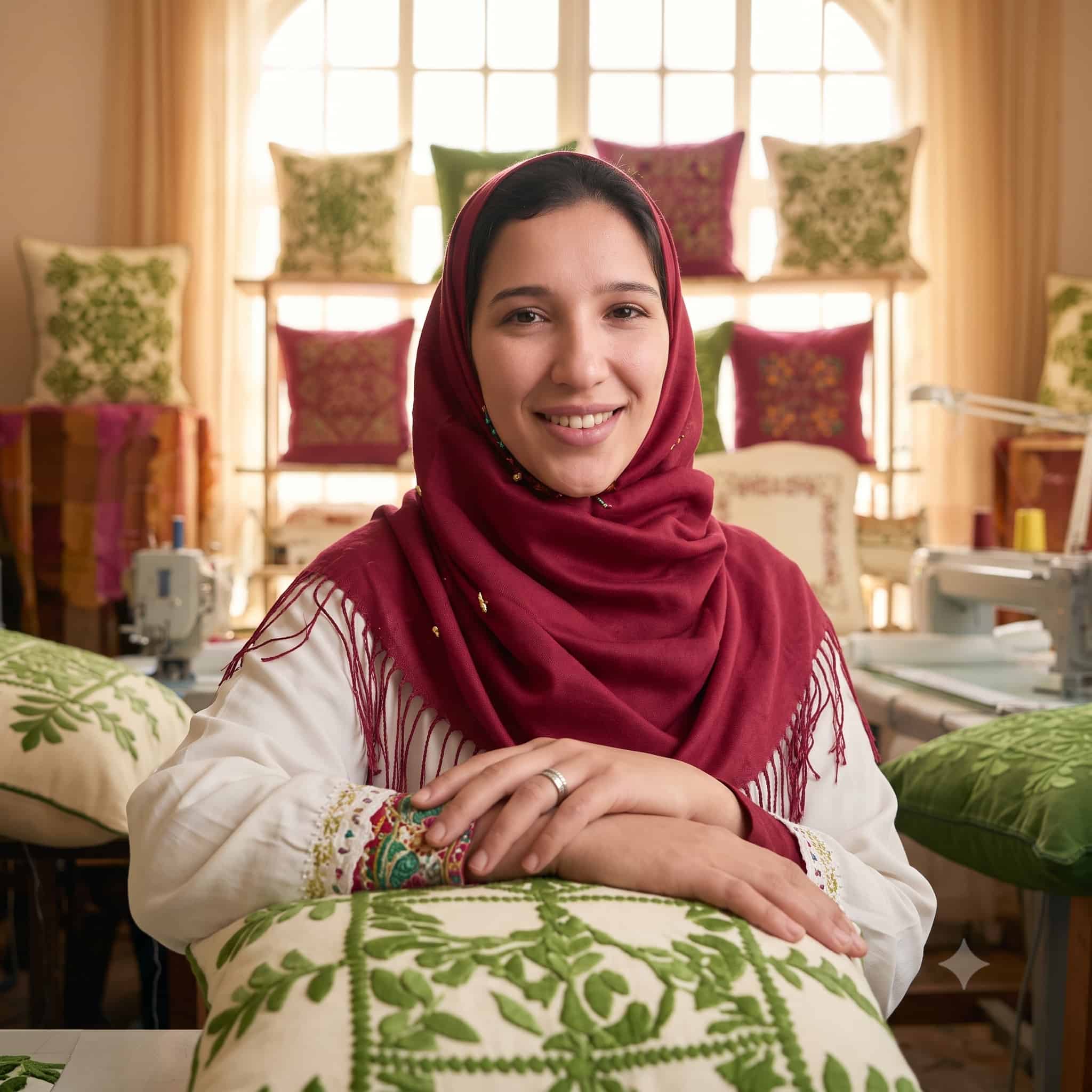 A 1:1 square medium close-up portrait of Hasna, a Moroccan embroidery artisan, smiling warmly at the camera. She wears a rich crimson hijab with fringed edges over a white tunic with intricate embroidered cuffs. She rests her hands gently on a cream-colored cushion featuring vibrant green traditional Moroccan embroidery. The background is a soft-focus workshop setting filled with hand-embroidered pillows and warm, natural window light.