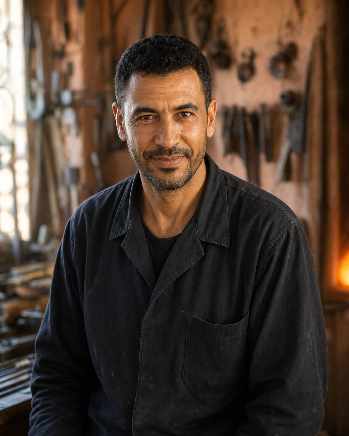 close-up portrait of Younes glassblower artisan in his workshop