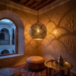 Pierced brass globe pendant lighting a Marrakech riad corner with leather pouf and brass tea tray