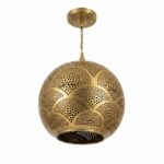 Unlit raw brass globe pendant light with hand-engraved fan pattern and pierced dots