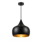 Black teardrop pendant light in brass with gold interior and black ceiling canopy