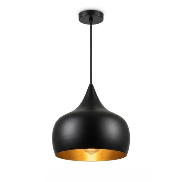 Black teardrop pendant light in brass with gold interior and black ceiling canopy