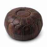 Round brown leather pouf with cream contrast stitching and plain top medallion