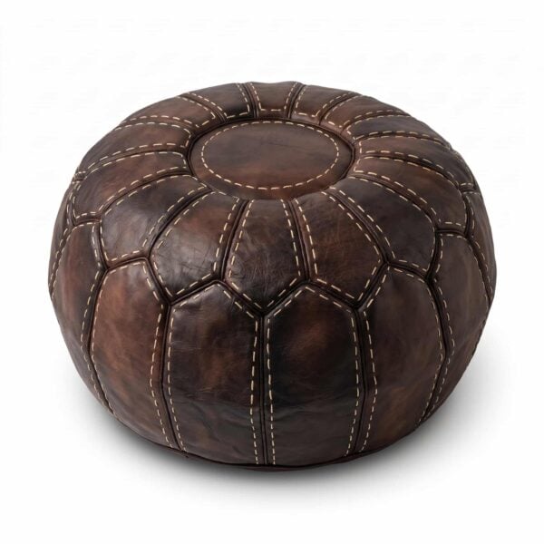 Round brown leather pouf with cream contrast stitching and plain top medallion