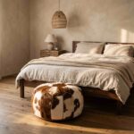 Brown and white cowhide pouf at the foot of a walnut bed with linen bedding