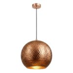 Hand-hammered copper globe pendant light with copper ceiling canopy and black cord