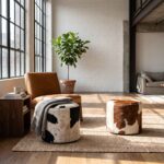 Two cowhide ottomans in a sunlit loft beside a leather lounge chair, one draped with a grey throw