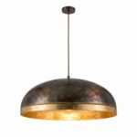 Gold leaf pendant light with hand-hammered copper dome, dark patina and gilded interior