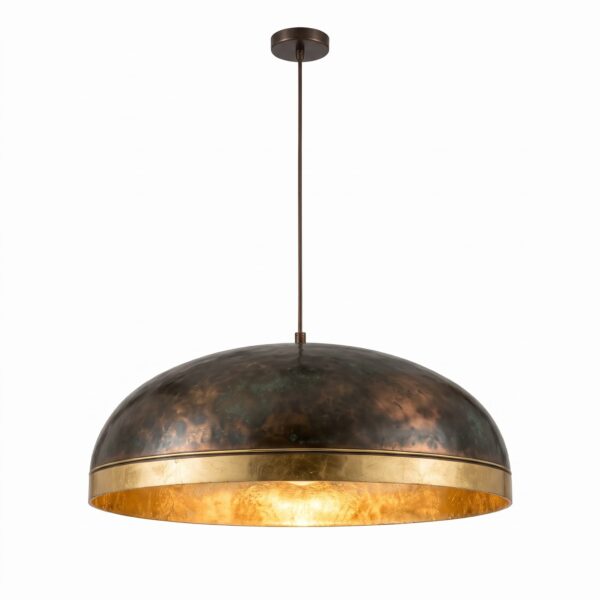Gold leaf pendant light with hand-hammered copper dome, dark patina and gilded interior