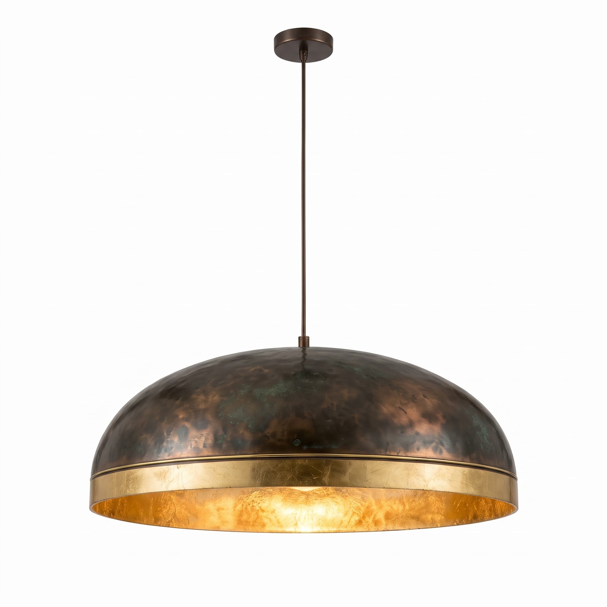 gold-leaf-pendant-light-hammered-copper-dome Gold leaf pendant light with hand-hammered copper dome, dark patina and gilded interior