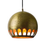 Hammered brass globe pendant light with a band of hand-cut arched openings