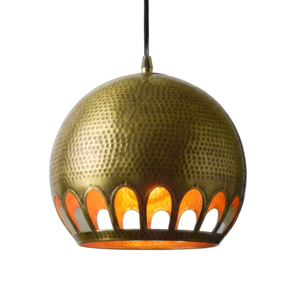 Hammered brass globe pendant light with a band of hand-cut arched openings