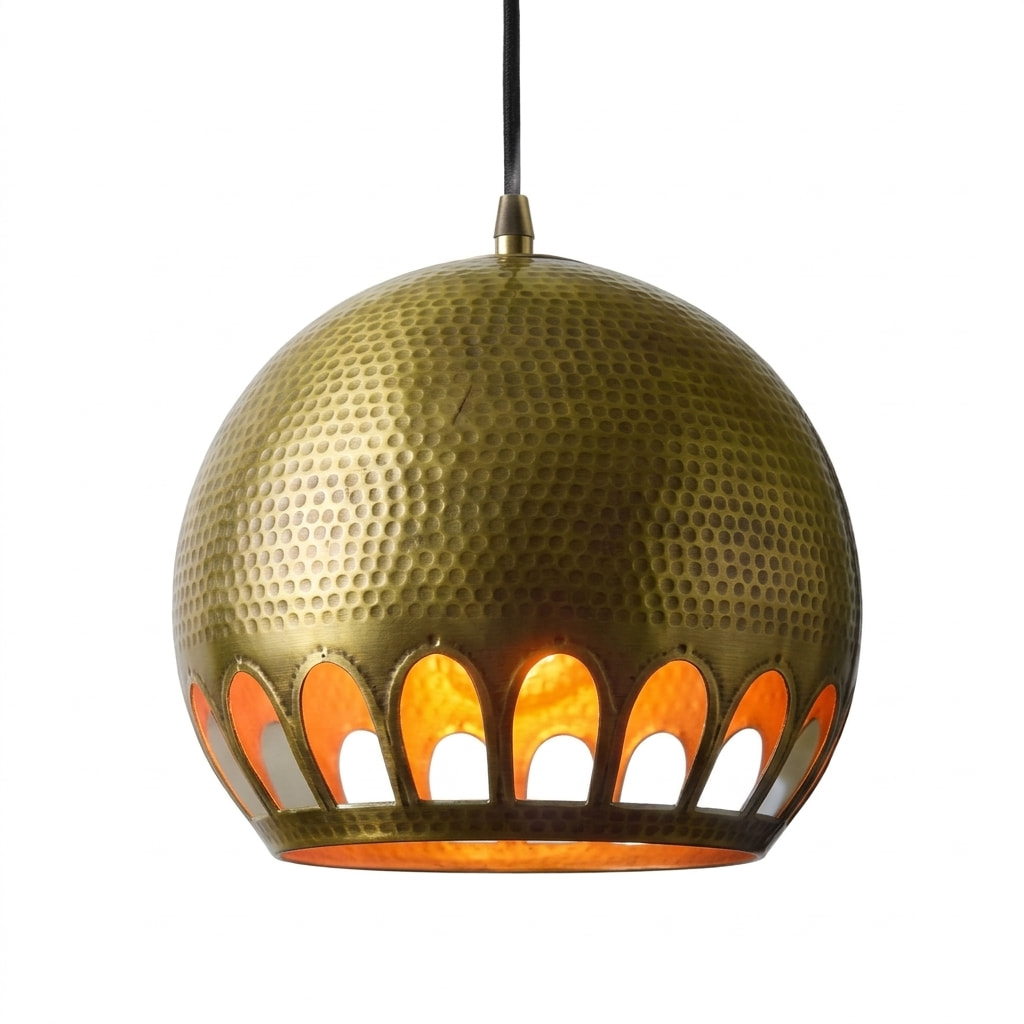 hammered-brass-globe-pendant-light-arched-cutouts Hammered brass globe pendant light with a band of hand-cut arched openings