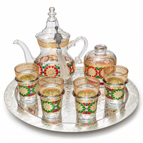 Hand-painted Moroccan glass tea set with teapot, four rosette glasses, sugar bowl and engraved silver tray