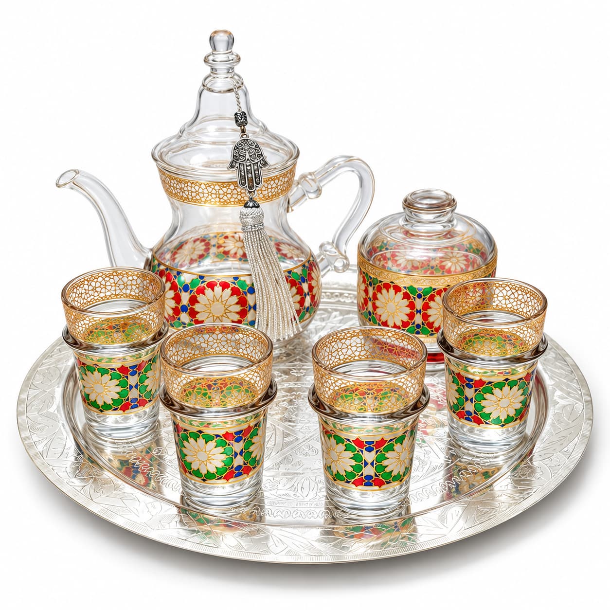 hand-painted-moroccan-glass-tea-set-7-piece Hand-painted Moroccan glass tea set with teapot, four rosette glasses, sugar bowl and engraved silver tray