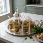 Glass teapot, sugar bowl and four mint tea glasses on silver tray on a marble kitchen island