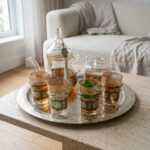 Hand-painted Moroccan tea set on engraved silver tray on a travertine coffee table