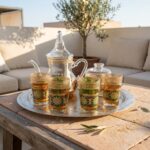 Four painted tea glasses with fresh mint and glass teapot on a Moroccan rooftop terrace
