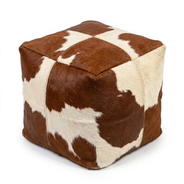 Square cowhide pouf in brown and white hair-on-hide with four-panel top